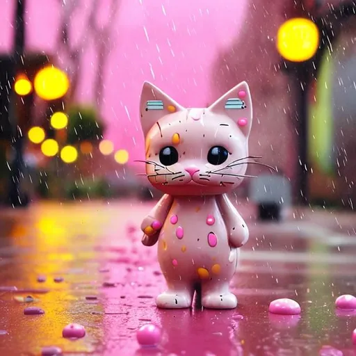Prompt: Pink cat with yellow dots walking in rain