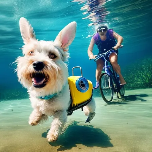 Prompt: a dog on a easter egg riding a bicycle underwater 

