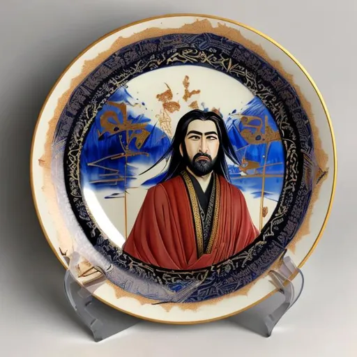 Prompt: Kintsukuroi painted plate with Gasem Soleimani portrait in the middle 