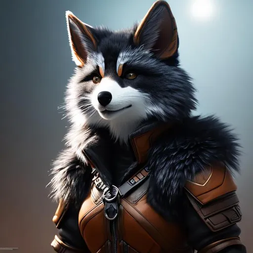 Prompt: vulpera, dark fur, black and silver fur, anthropomorphic, full body, sci fi agent, high tech clothing, uhd, photorealistic, very detailed, 