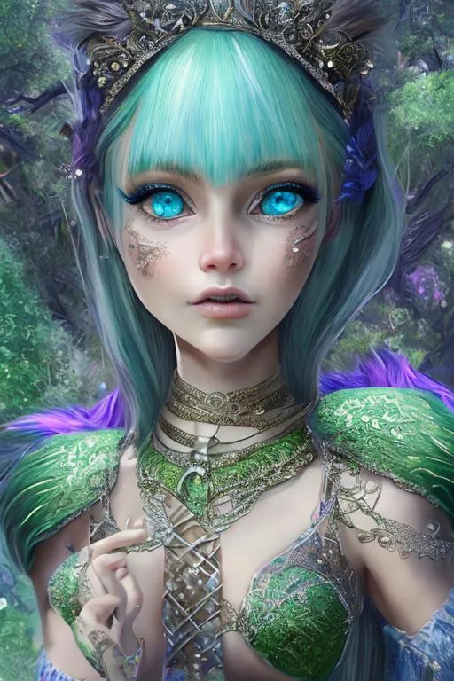 Prompt: 1 girl, princess, highly detailed green eyes, highly detailed face, innocent looking, regal looking, regal, 8k UHD, young girl, highly detailed blue dress, fantasy kingdom backdrop, highly detailed back braided black hair, slight front bangs, scenic view landscape, determination, cartoon