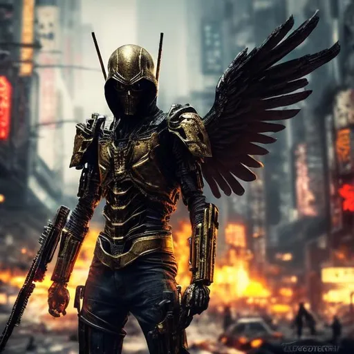 Prompt: Gold assassin winged angel. 4k
. Full body. Imperfect, Gritty, Todd McFarlane style futuristic army-trained. Bloody. Hurt. Damaged. Accurate. realistic. evil eyes. Slow exposure. Detailed. Dirty. Dark and gritty. Post-apocalyptic Neo Tokyo .Futuristic. Shadows.