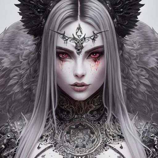 Prompt: Science fiction, fantasy, Clear, high resolution, 8k, of a bloodied futuristic, satanic, black fairy inspired female warrior praying. bloody, sadistic, detailed , tattooed, intricate fantasy background. clear eyes. Crisp image, extremely detailed face. Intricate background. 