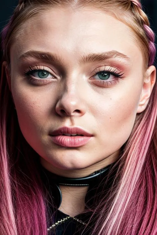 Prompt: (HD 16k RAW photo), (Sophie Turner|Chloé Grace Moretz), Girl posing for camera, (Close up face shot), perfect symmetrical eyes and face, (looking at camera), canon m50, (cyberpunk world), braided pigtails, (Cinematic lighting), neon