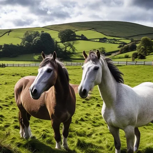 Prompt:  happy horses, drinking water, enjoying a beautiful day in the welsh valleys.