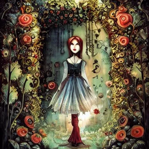 Prompt: Alice returns to the hall and finally gets into the beautiful garden, dramatic, art style Megan Duncanson and Benjamin Lacombe, super details, dark dull colors, ornate background, mysterious, eerie, sinister