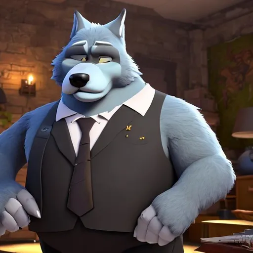Prompt: Linnux the big buff anthro wolf is wearing black business suit is my older boyfriend from "Rock dog style"