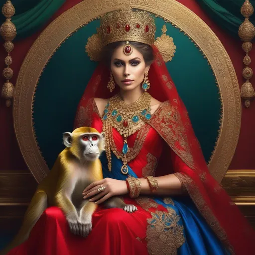 Prompt: Monkey empress, green eyes, wearing a long red and blue dress, holding a giant golden cross with beautiful red ruby jewels and skulls embedded into it