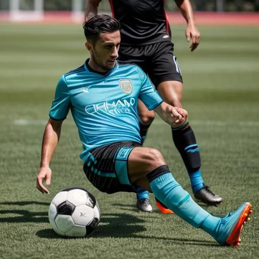 Prompt: 31 year old male soccer player in action. Wearing a turquoise shirt and black shorts. Turqoise sox. Black shoes. hyperrealistic. 