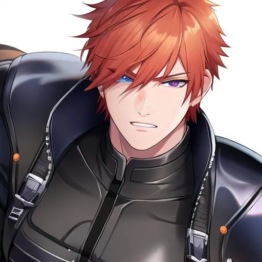Prompt: Erikku male (short ginger hair, freckles, right eye blue left eye purple), 8K, Highly detailed, insane detail, best quality, high quality, Upset, muscular, riding a motorcycle