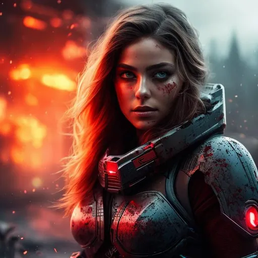 Prompt: create full body photograph of beautiful future fictional elite space soldier female whose eyes are red ,battle-scarred and covered in blood, showing full body, extremely detailed environment, detailed background, intricate, detailed skin, natural colors , professionally color graded, photorealism, 8k, moody lighting