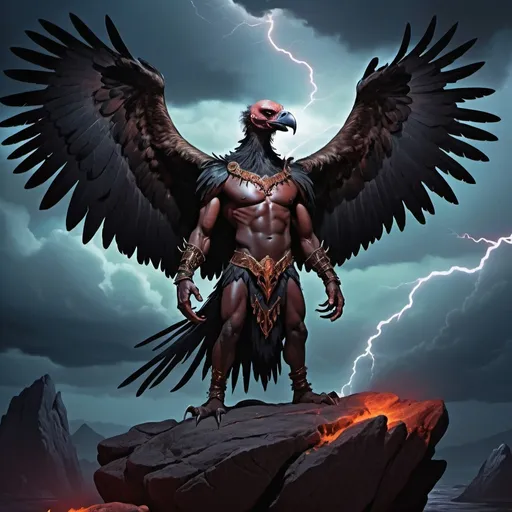 Prompt: Full body, Fantasy illustration of the male archdemon of unrest and lies, dark skin, head of a vulture, evil starring, glorifying pose, on a rock surrounded by a dark stormy night , vibrant colors