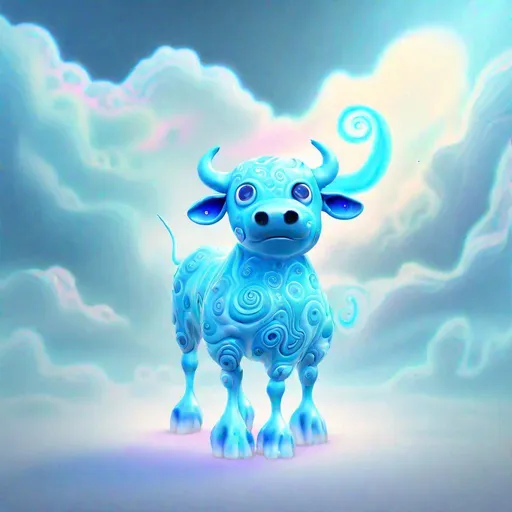 Prompt: Bipedal creature resembling a sky-blue cow, one big eye, ghostly and floating, ghostly swirls all around , masterpiece, best quality, in iridescent style