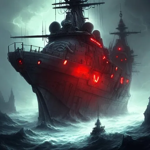 Prompt:  red lights, Biological mechanical, fantasy art style, teeth, eyes, warship, naval ship, deep ocean, war