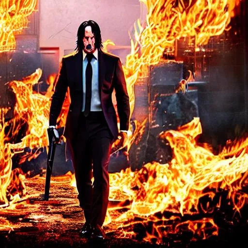 Prompt: john wick with samurai katana, suit torn with wounds, fire in background, high detail, centered, full shot