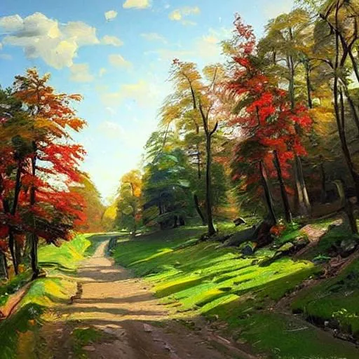 Prompt: Create a painting of a landscape using mostly red and green colors in the style of Peder Mork Monsted.