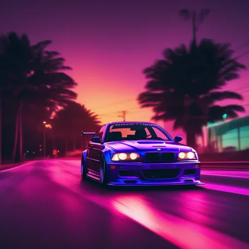 Prompt: 2001 BMW M3 E46 GTR, synthwave, aesthetic cyberpunk, miami, highway, dusk, neon lights, coastal highway, dusk, neon lights, coastal highway, sunset, drift, nurburgring