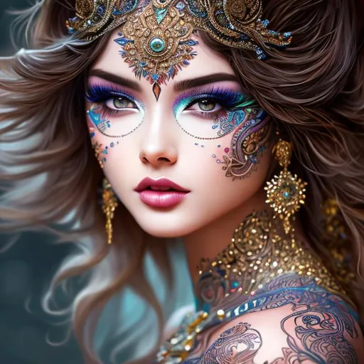Prompt: Hyper realistic of bold and beautiful girl, beautiful bodyart, full body view, bold realistic look, intricate detailed, omnilight, sharp focus detailed, sf, intricate artwork masterpiece, 8k resolution masterpiece, sharp focus, 
