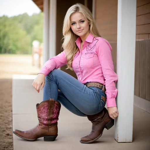 Prompt: Very beautiful blonde Girl She is wearing a pink shirt. Jeans and cowboy boots