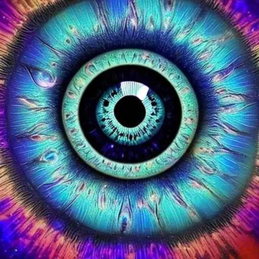 Prompt: All seeing cosmic eye that is intimidating but friendly. Have a defined pupil, that is not completely realistic. Use cool colors, not warm colors 