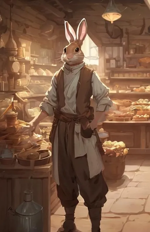 Prompt: one Rabbit lean male rabbitfolk with warm look wearing working clothes baker, in dnd character art style, background tavern interior bakery, warm lighting, by Hyung-tae Kim and Krenz Cushart and artgerm on artstation, portrait 3/4 view, d&d, dnd, dungeons and dragons, refined face