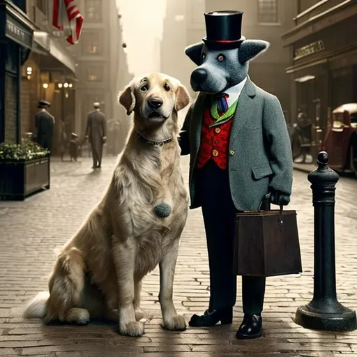 Prompt: An Anthropomorphic big old Golden Retriever dog is Mr. Lucky is  wearing dressed business officer suit for anthro dog in great depression london 1934, from Mary poppins returns style
