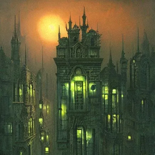 Beksinski Steampunk gothic city rooftops at night, f... | OpenArt