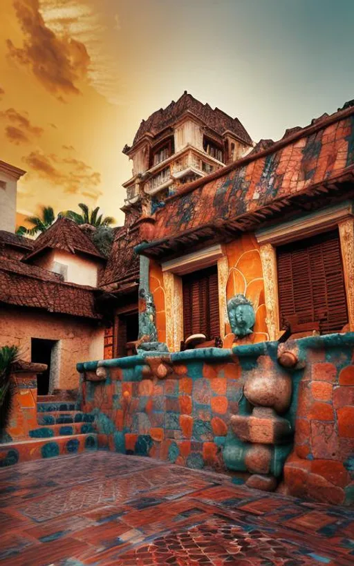 Prompt: A blend of Mayan architecture with French and Spanish colonial architecture, French tiled mansard roof, photograph, broad light, cinematic lighting, rich lighting, low color saturation, highly detailed, Kodachrome