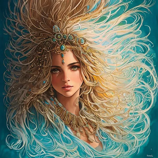 Prompt: enchanting and etheral, sticker of a full body picture of a Naomi Scott, long brown balayage fractal hair, highly detailed beautyfull face, banksy art, Kim Jung gi, freedom, soul, digital illustration, comic style, fantasy noir, approaching perfection, dynamic, highly detailed, tribal cueitl, watercolor painting, artstation, concept art, smooth, sharp focus, fractal illustration, art by Carne Griffiths and Wadim Kashin 