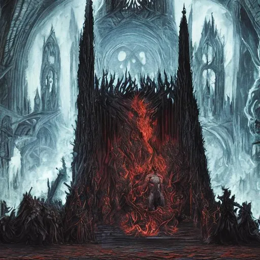 Prompt: Lord of fire and sorcery sits upon his throne, surrounded by a cathedral of spectators 
