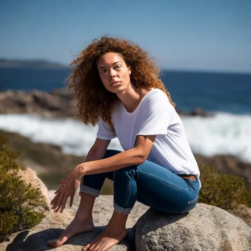 Prompt: Adult Mermaid with human legs, human anatomy ,on land ,sitting on the rocks, five fingers correctly, only two legs, full body view,Wearing a white shirt, wearing blue jeans ,  showing off her feet, pretty feet,  five toes correctly
