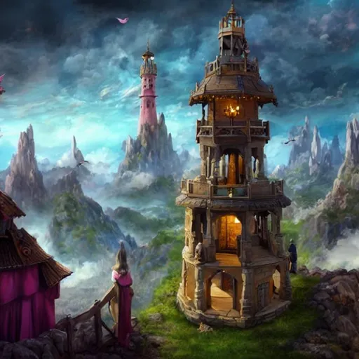 Prompt: Extremely high quality, photorealistic Glorious Lookout tower overlooking a fantasy landscaoe with a dark blue sky and pink clouds throughout
