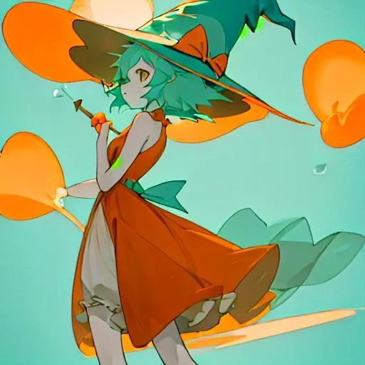 Prompt: A young girl with short aqua colored hair, orange witch hat, poofy orange dress, and pale skin