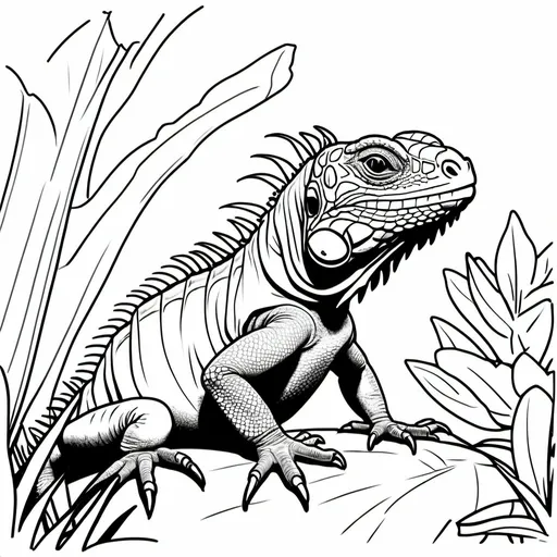 Prompt: create a simple, cute, but realistic, large, animal drawing of an iguana in thick black outline, black lines only leaving space for kids to color in, include minimal landscaping relating to the animal. Drawings to be suitable for a kids coloring book ages 2-5, make sure not to use existing works.
