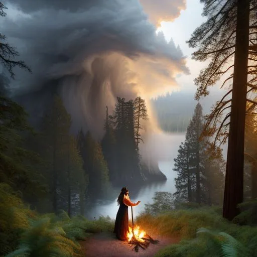 Prompt: landscape: old redwood Forest, style: Robert S. Duncanson painting, subject: beautiful sorceress wearing long billowing dark robes; she's holding a wooden staff, casting a spell near a campfire, it's golden hour and a heavy mist shrouds her, wildflowers along path, a massive storm cell rages overhead, dutch angle, lightning, octane render, trending on artstation, deviantart.