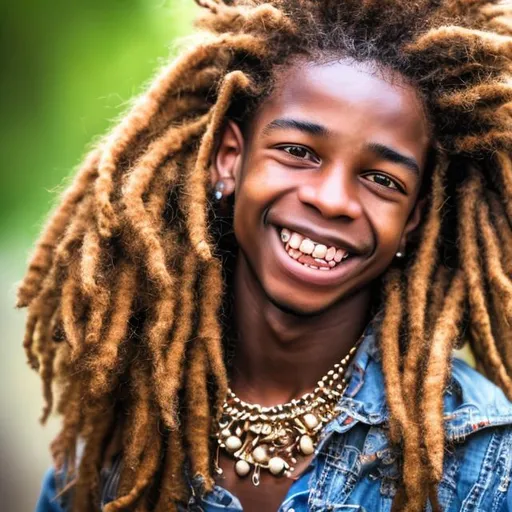 Prompt: Please create a professionally taken photograph (portrait), best quality, (8k, RAW photo, best quality, masterpiece:1.2), (realistic, photo-realistic:1.4), ultra-detailed, perfect detail. African lad, model, in mixed colored dreadlocks, smiling, perfect teeth, light reflections, angelic cute face, blue eyes