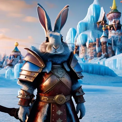 Prompt: a rabbit wearing armor facing a huge ice kingdom cartoon