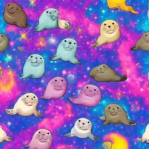 Prompt: Seals in a pink galaxy in the style of Lisa frank