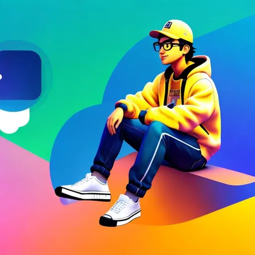 Prompt: The 3D illustration depicts a male character in casual modern attire—a jeans jacket and sneakers—seated comfortably atop the Instagram logo and profile banner. The character, in a relaxed pose, is set against the backdrop of a social media profile page designed to mimic an Instagram layout. The profile page features the username "SANJAY_05" and an accompanying picture that matches the character's appearance.