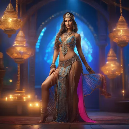 Prompt: Gorgeous, stunning, beautiful, otherworldly goddess with long braided hair wearing a body chain and belly dancer costume, full body, centered, fantasy setting, cinematic, colorful background, concept art, dramatic lighting, highly detailed, hyper realistic, intricate sharp details, octane render, smooth, studio lighting, trending on art station, 8k, HDR, unreal engine, emotive, cgi, animated 