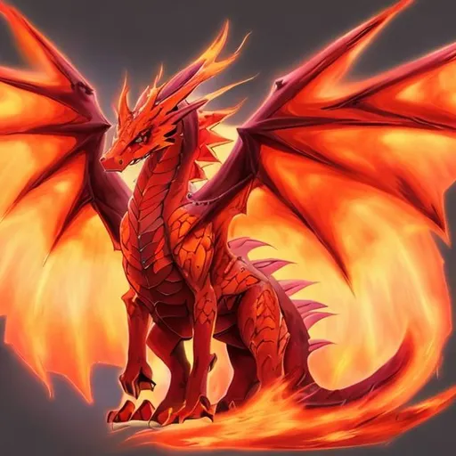 Prompt: Dracofire is a majestic dragon-like Pokemon with fiery features, resembling a powerful and fierce canine. Its scales shimmer with vibrant reds and oranges, resembling flames, and it has magnificent wings that emit a radiant glow.