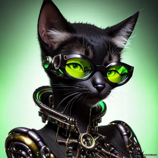 Prompt: portrait of a anthro "Punk Cat" with big Funky Eyewear, intricate, elegant, hyperdetailed, cybernetic, digital painting, artstation, concept art, biomechanical, sharp focus, illustration, greg rutkowski, anthropomorphic, fractal details in big green cat eyes, very striking, WLOP, Artgerm, ray tracing , DSLR, HDR