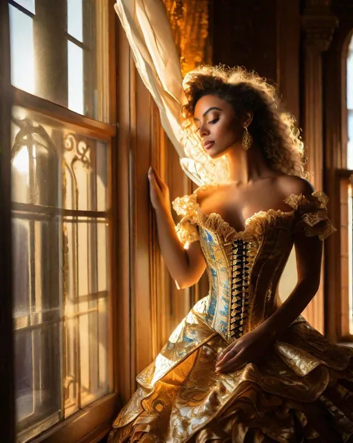 Prompt: A model poses in an ornate 19th century corset and ruffled gown, sunlight from a nearby window caressing her skin and lighting up intricate gold brocade detailing. In the style of Mark Laita.