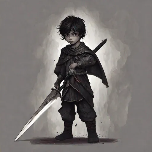 Prompt: young dark warrior 
 boy with a sword 