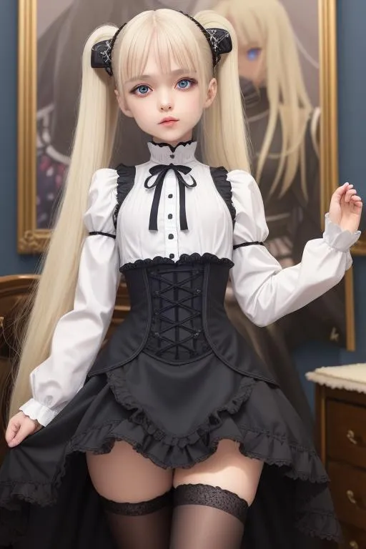 Prompt: Ekaterina Kraeva from Seikon no Qwaser, masterpiece, best quality, 1little girl, 11yo, anime wide eyes, platinum blonde hair, blue eyes, long twintail hair, slender body, black gothic Lolita dress, small chest, (small breasts:1.2), thick thighs, wide hips, looking at viewer, simple background, cartoon_portrait, <lora:cartoon_portrait_v2:0.5>,