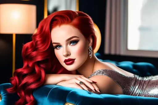 Prompt: Glamour shot photo, full body of a woman who resembles Madelaine Petsch with blue eyes, smooth soft skin, laying back on her Burgundy Samuel Tufted Roll Arm Chaise Lounge, comfortably looking into the camera, fine textured shiny wavy hair, centered in frame, symmetrical face, bbw, perfect body, 85mm lens, f8, photography, ultra details, HQ, 8K, soft light, dim blurry background, photo, lit by candlelight 