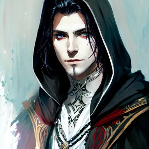 Prompt: noble attire, short hair, caplet and hood, male, evil,  cursed markings on face, lich, UHD, 8K, high fantasy, (((art by Agnes Cecile))), 