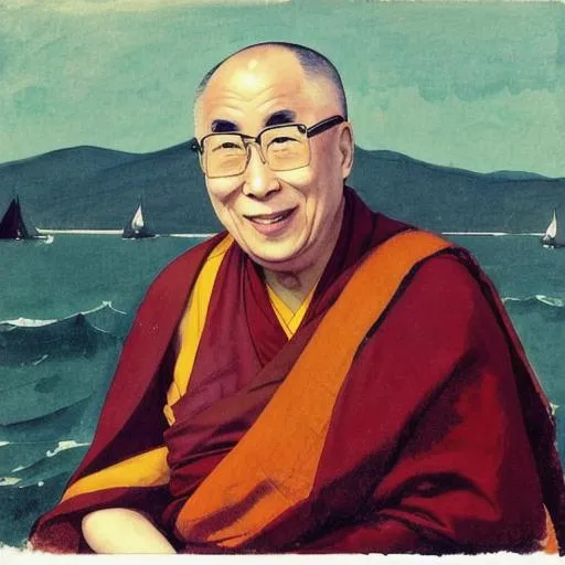 Prompt: Dalai Lama smiling in the style of Winslow Homer.