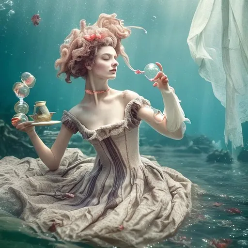 Prompt: woman in 18th century dress underwater having tea.  Hair, flowing fabric, bubbles.  tea cups, saucers, tea pots.  Curls, ribbons, lace.