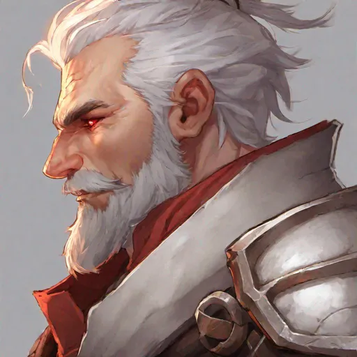 Prompt: Young, male, dwarf, red eyes, short beard, white hair, smith, cleric, confident, soft smile, kind, side shave, hammer, red glowing eyes, short hair, forge domain cleric, forge, blacksmith, face close up